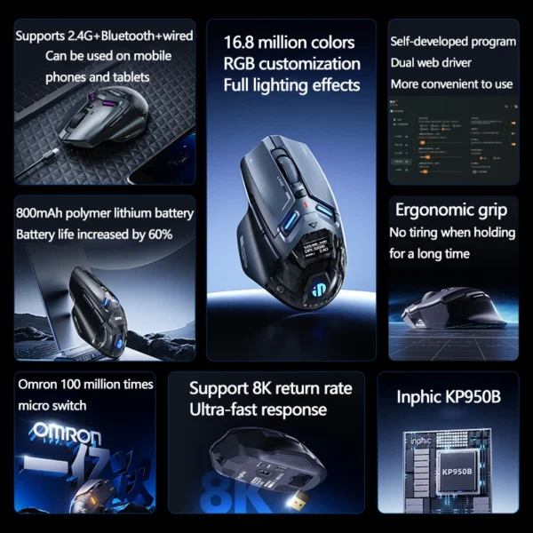 Se1466e703f4f4c46b8538d91455068bbk.webp Inphic IN9 Ultra Gaming Mouse PAW3950 Sensor Vibration Feedback OLED Screen Intelligent Display Wireless Mouse Boyfriend's Gift