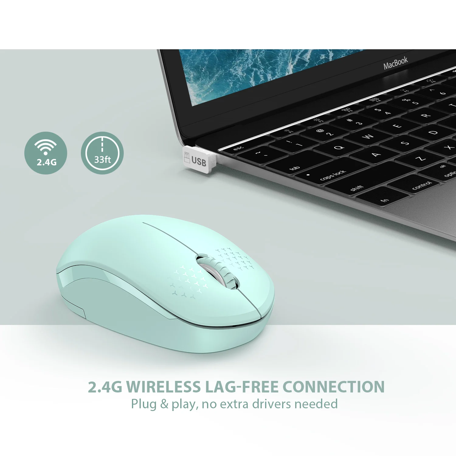 Seenda 2.4G USB Wireless Mouse with USB Receiver Portable Mint Green Mini Slim Mause for PC Computer Tablet Laptop