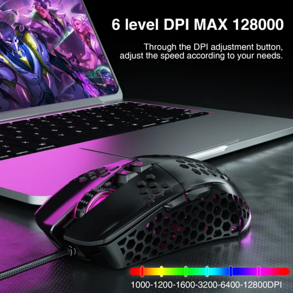 Wired Gaming Mouse Low Latency 12800 DPI 7 Buttons Macro Software Honeycomb Mice for PC Laptop