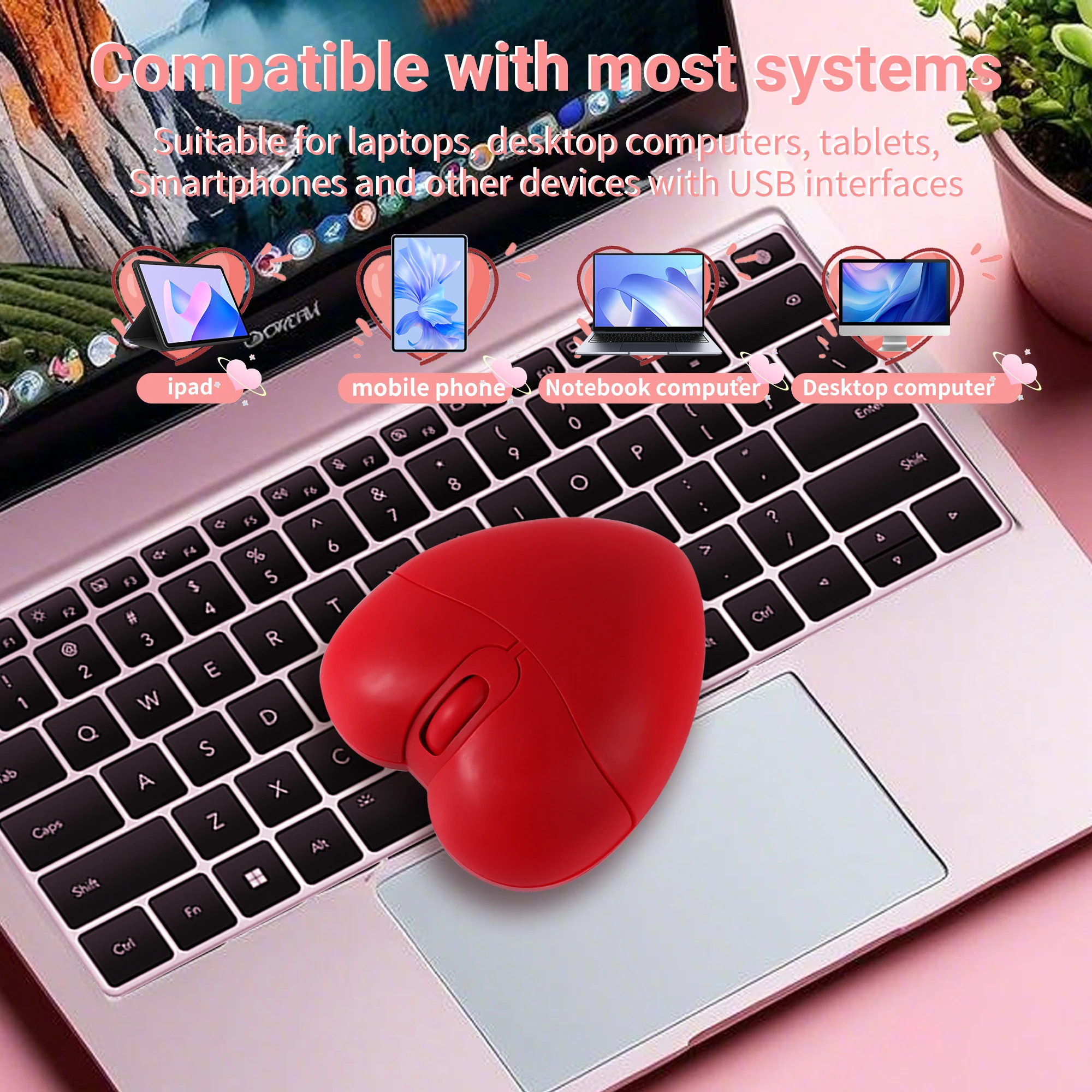 Wireless 2.4G Bluetooth Dual-mode Mouse Red Heart Shape Small Mouse Cute Mouse Light Weight Portable Mice Office Use PC Study