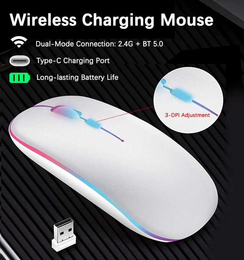 Wireless Rechargeable Mouse With LED Backlight  Bluetooth Gaming Mouse Suitable For MAC/Laptop/PC/Windows