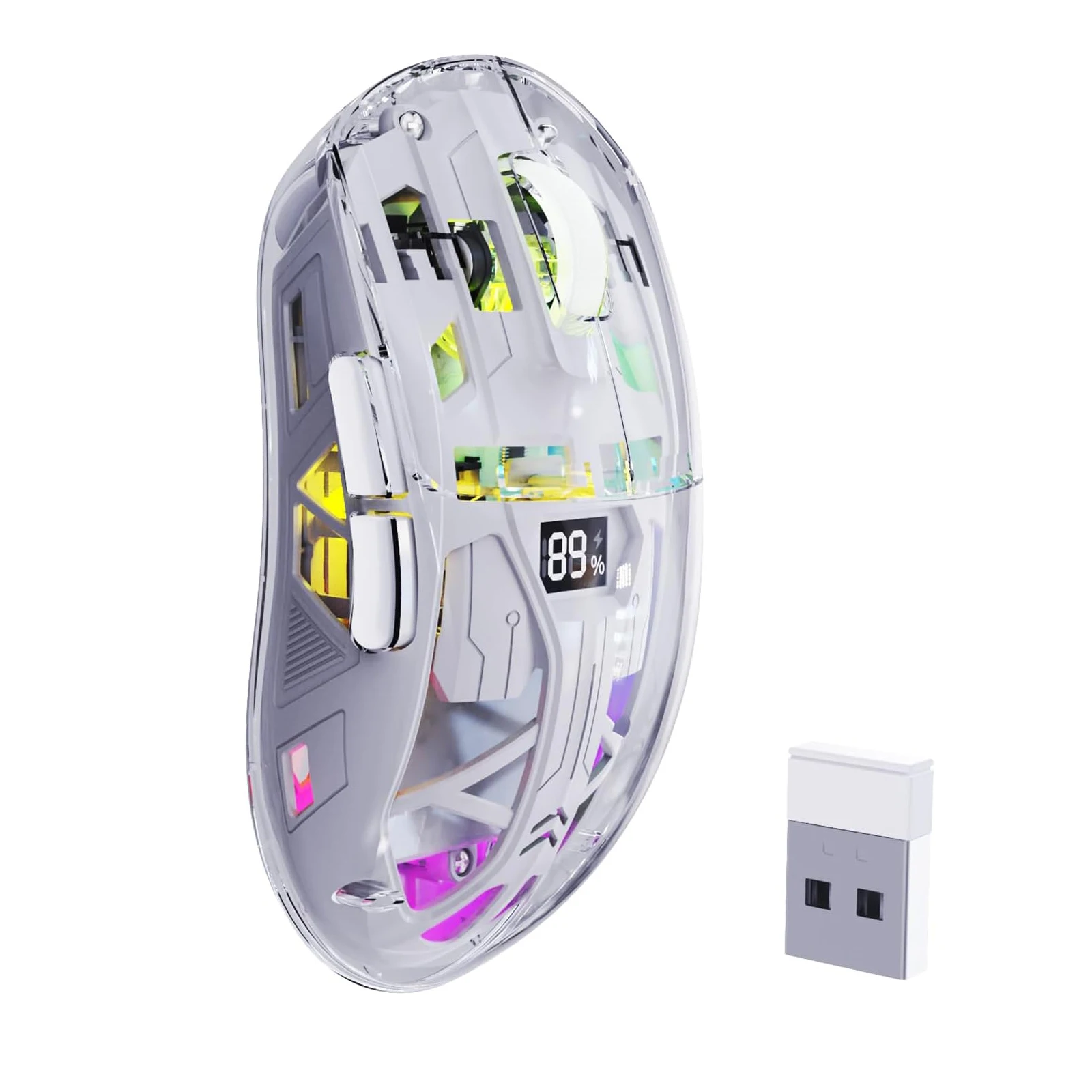 A2 Transparent Wireless Gaming Mouse, BT 5.0/2.4G PC Rechargeable RGB Mice with Digital Screen,PixArt 3212, 5 Adjustable DPI