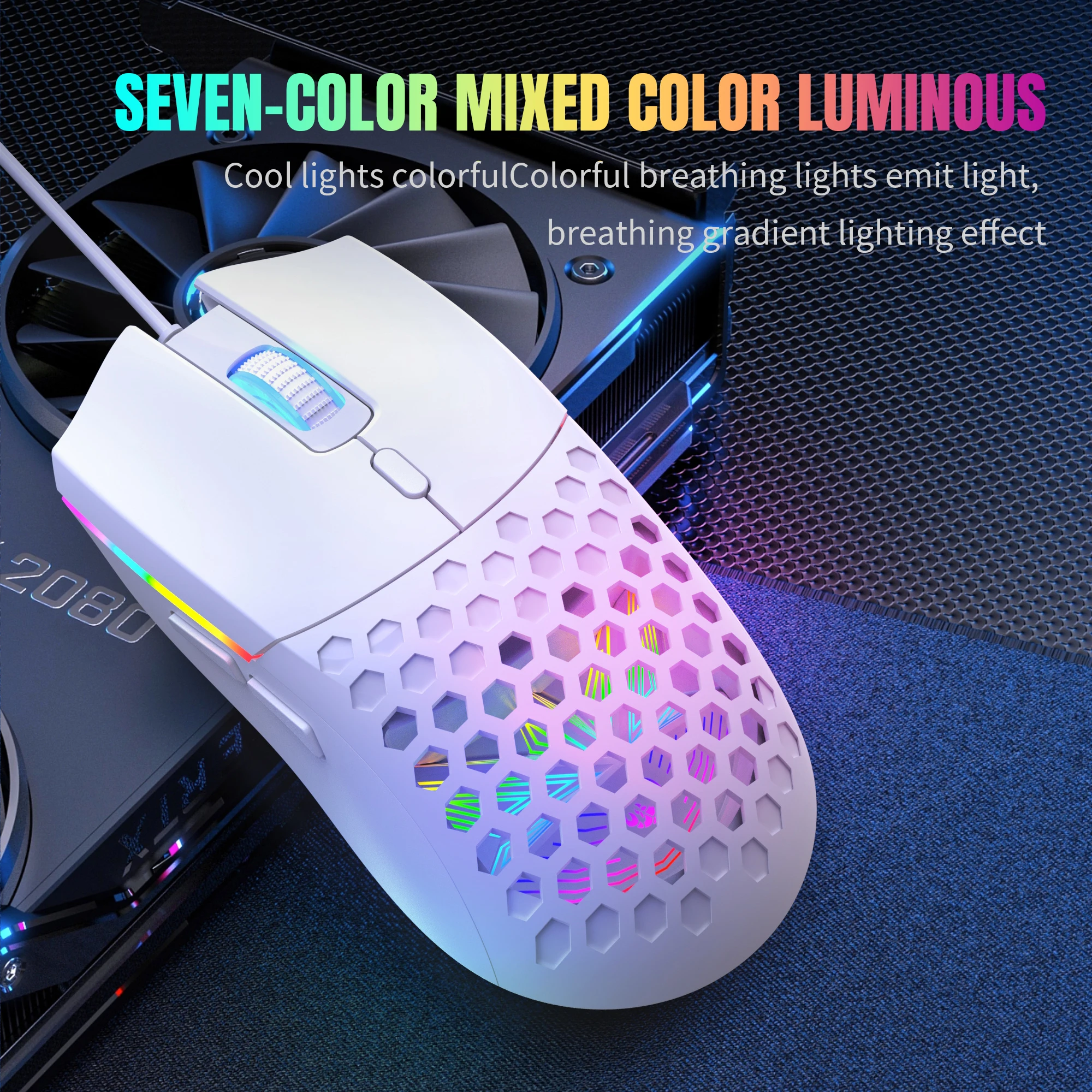 6400CPI RGB Gaming Mouse 7-Color Breathing Lighting RGBW-like Effect Optical Tracking Honeycomb Plug & Play for PC Lapt