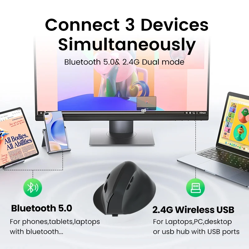 Vertical Mouse Wireless Bluetooth5.0 2.4G Ergonomic Mice 1600DPI 6D Mute Buttons for MacBook Tablet Laptop Computer Accessories