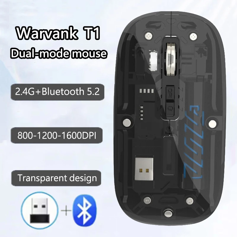 Warvank T1 Transparent Wireless Mouse Dual Mode 2.4G Bluetooth-compatible Rechargeable Silent Mouse For iPad PC Laptop
