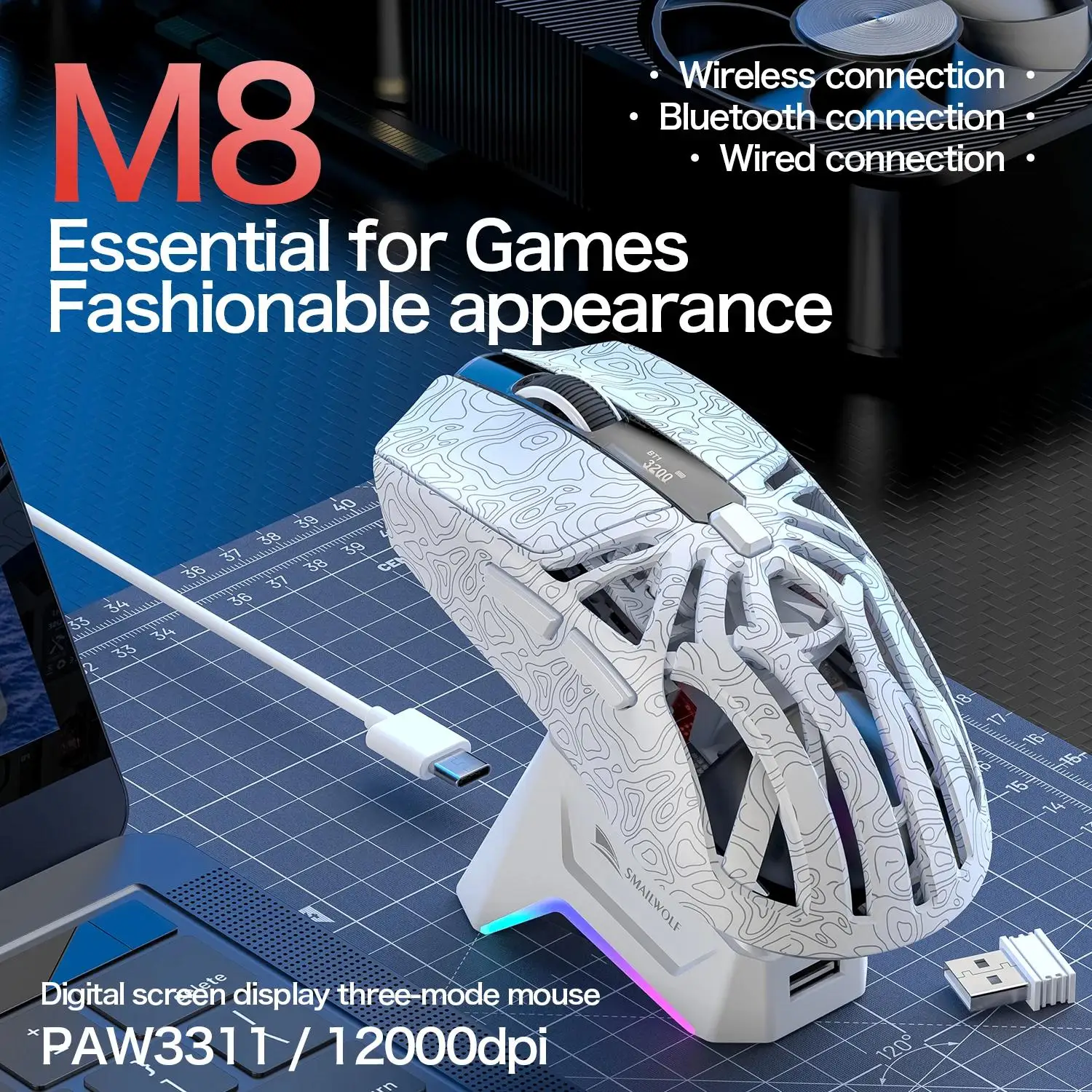 M8 Triple-Mode Wireless Mouse Connectivity for PC&Laptop 12000 DPI RGB Gaming Mouse with Magnetic Charging