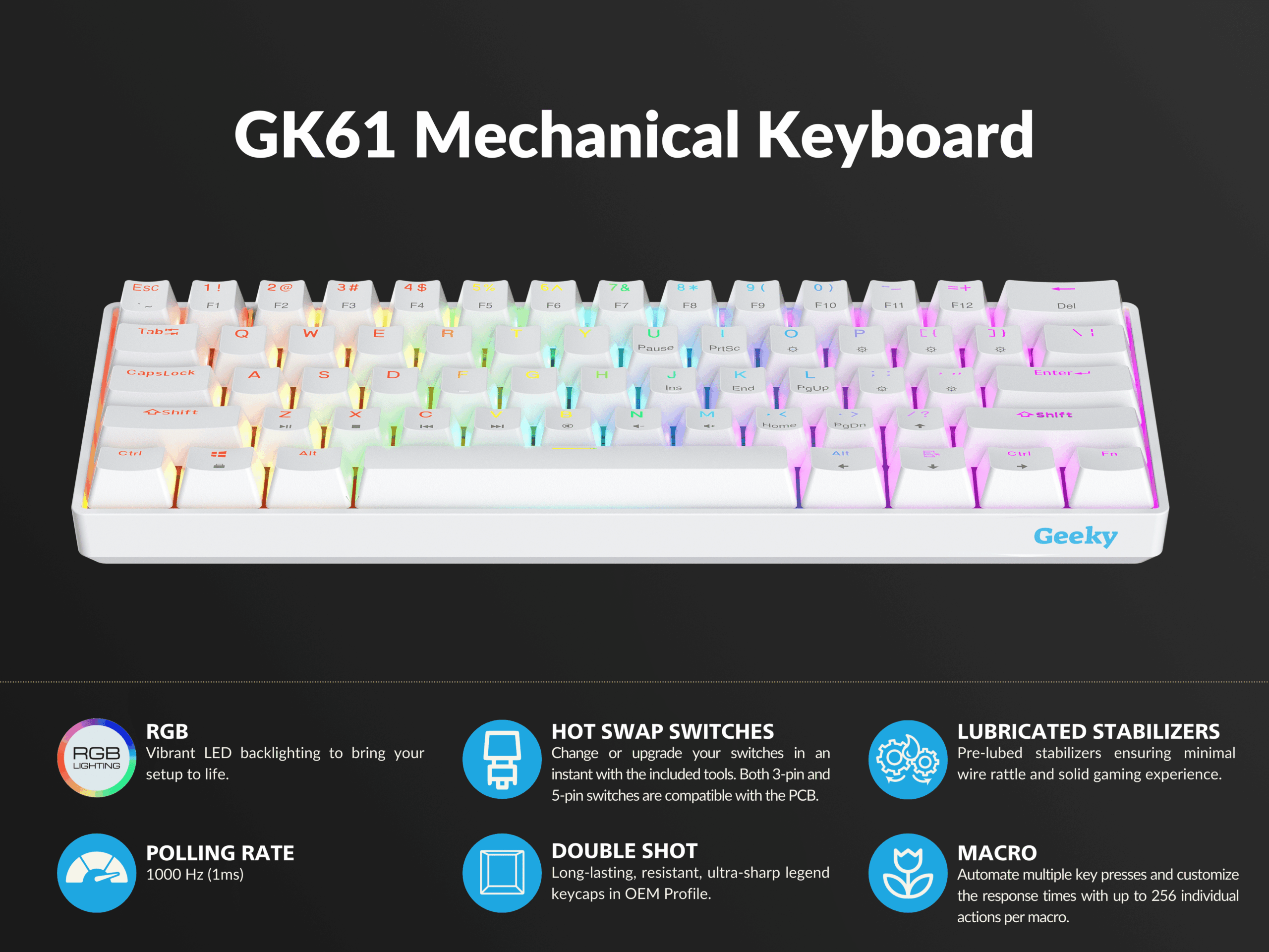 Geeky GK61 Wired Gaming Keyboard with RGB Lighting, White
