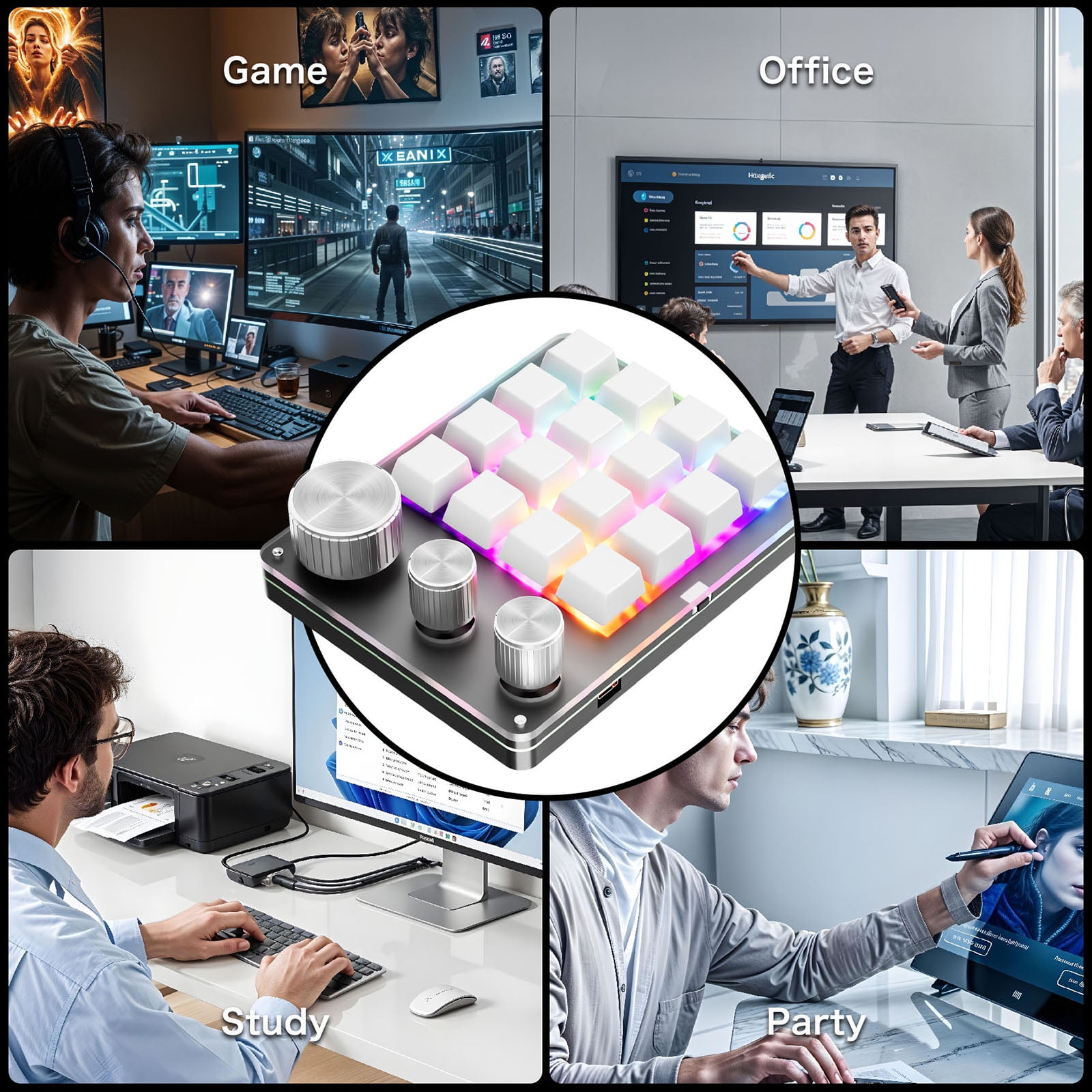 Single Handed USB C Macro Programmable Keypad 16-Key 3 Knobs Mechanical Gaming Keyboard for Versatility