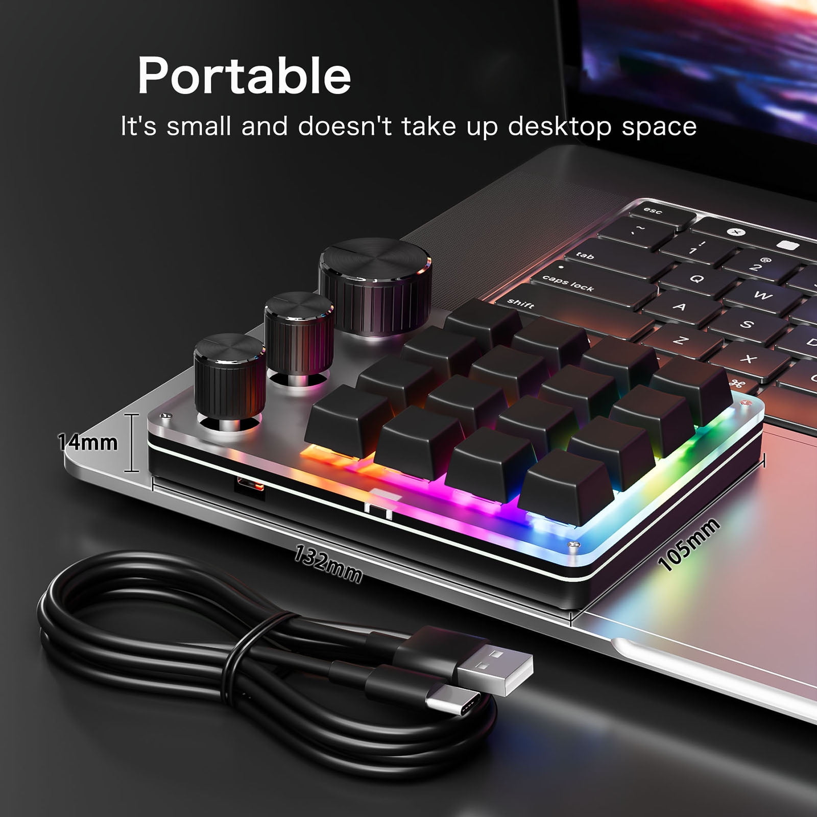 Single Handed USB C Macro Programmable Keypad 16-Key 3 Knobs Mechanical Gaming Keyboard for Versatility