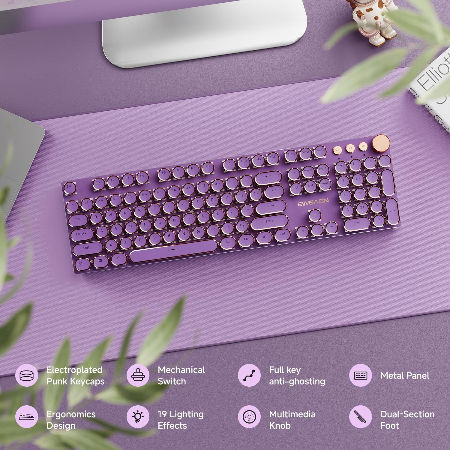 Mechanical Keyboard, Typewriter Style 104 Key Retro Keyboard, Pink Linear Switch, RGB Backlit with Media Knob, for Windows/Mac Gaming & Typing (Purple)