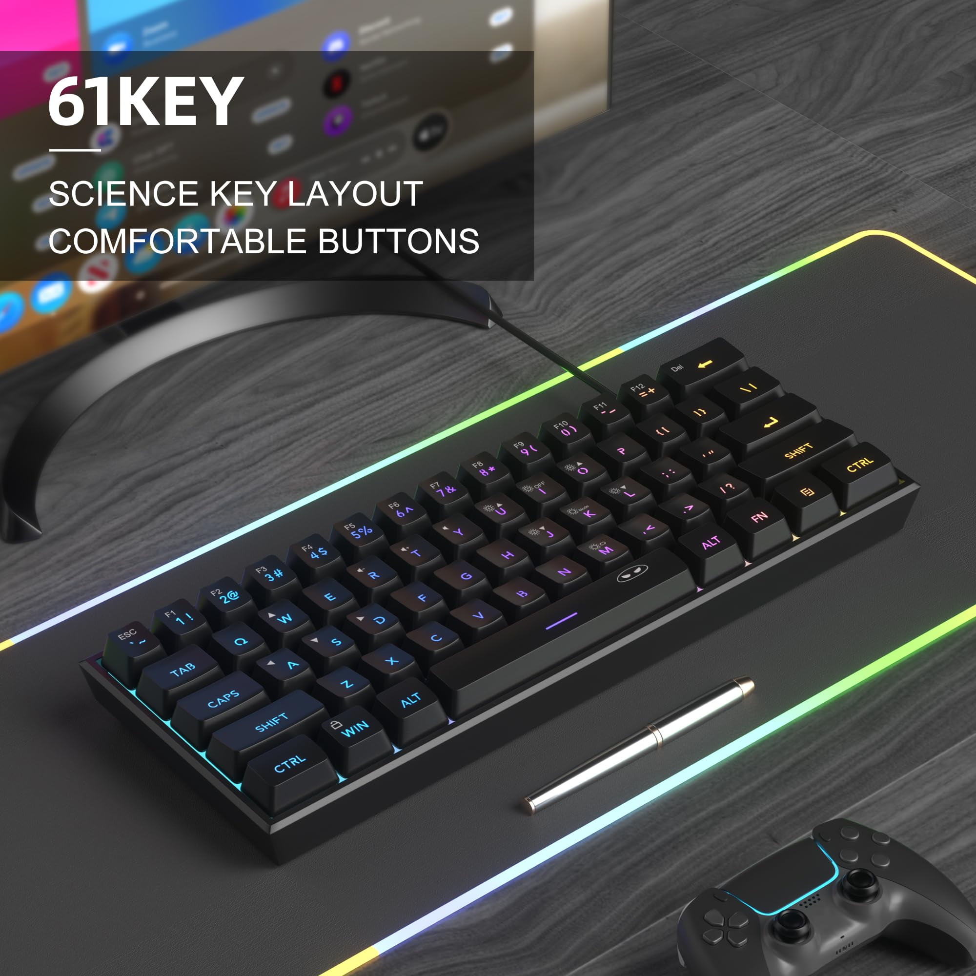 Mini Gaming Keyboard, 60% Percent Keyboard, 61 Keys Mechanical Feel, Compact Rgb Backlit
