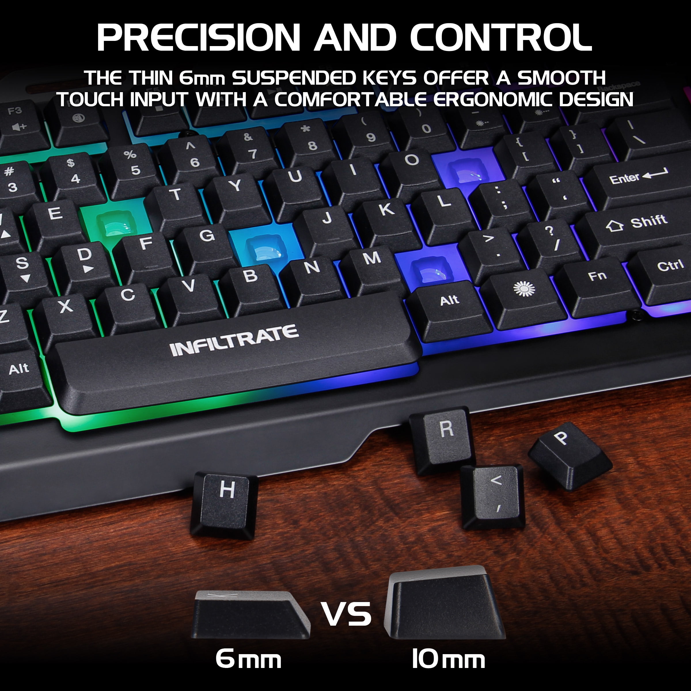 Infiltrate KL2 Membrane Gaming Keyboard - Quiet Keyboard with Multi Color LED Lighting Modes