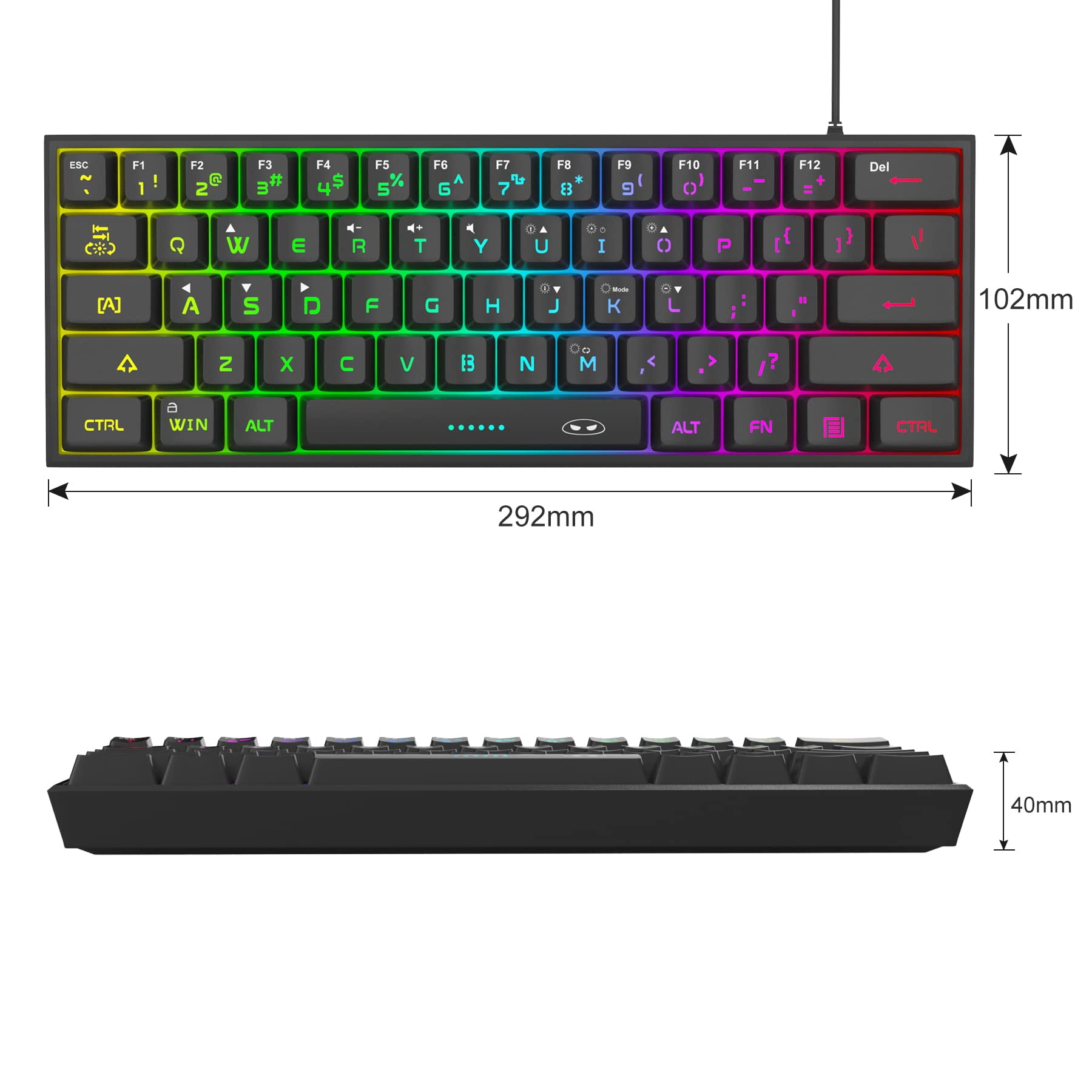 Mini Gaming Keyboard, 60% Percent Keyboard, 61 Keys Mechanical Feel, Compact Rgb Backlit