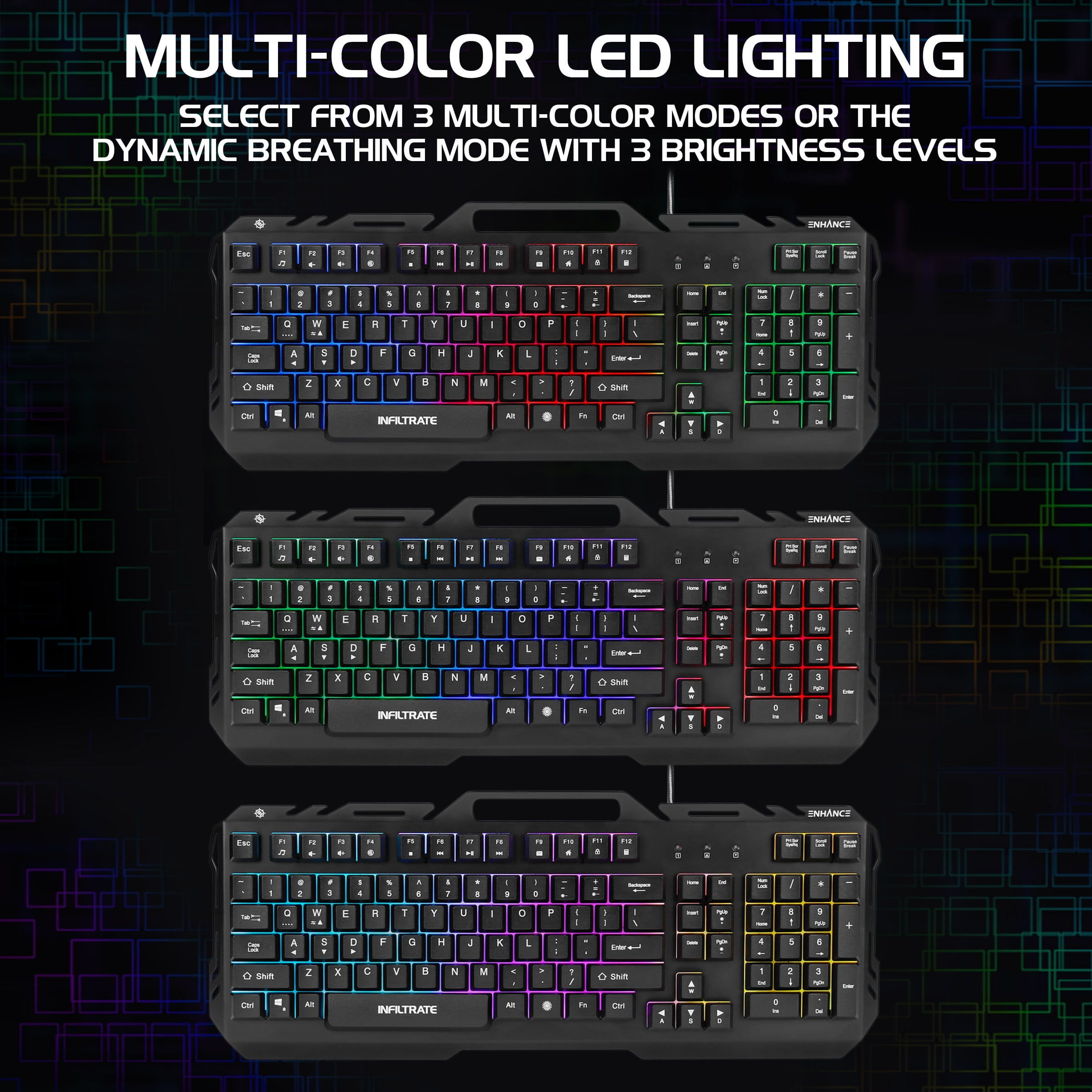 Infiltrate KL2 Membrane Gaming Keyboard - Quiet Keyboard with Multi Color LED Lighting Modes