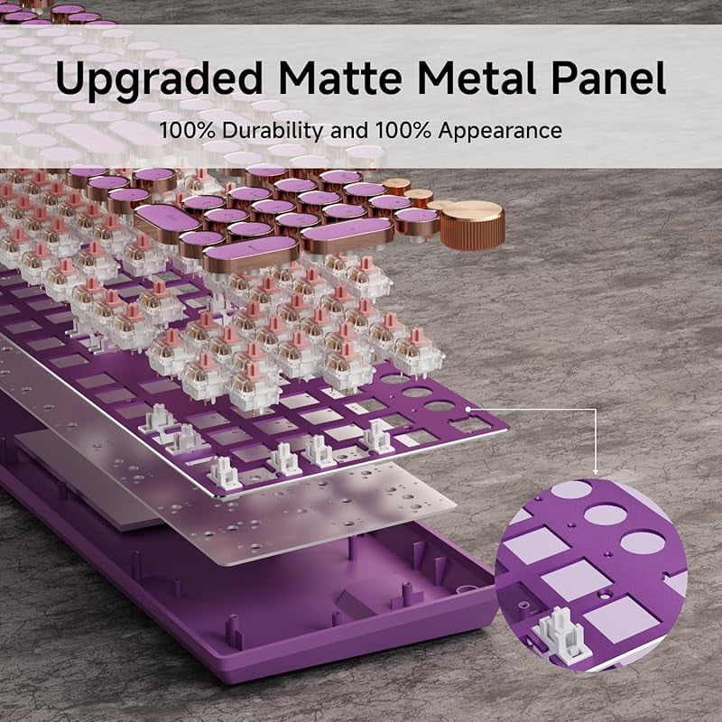 Mechanical Keyboard, Typewriter Style 104 Key Retro Keyboard, Pink Linear Switch, RGB Backlit with Media Knob, for Windows/Mac Gaming & Typing (Purple)