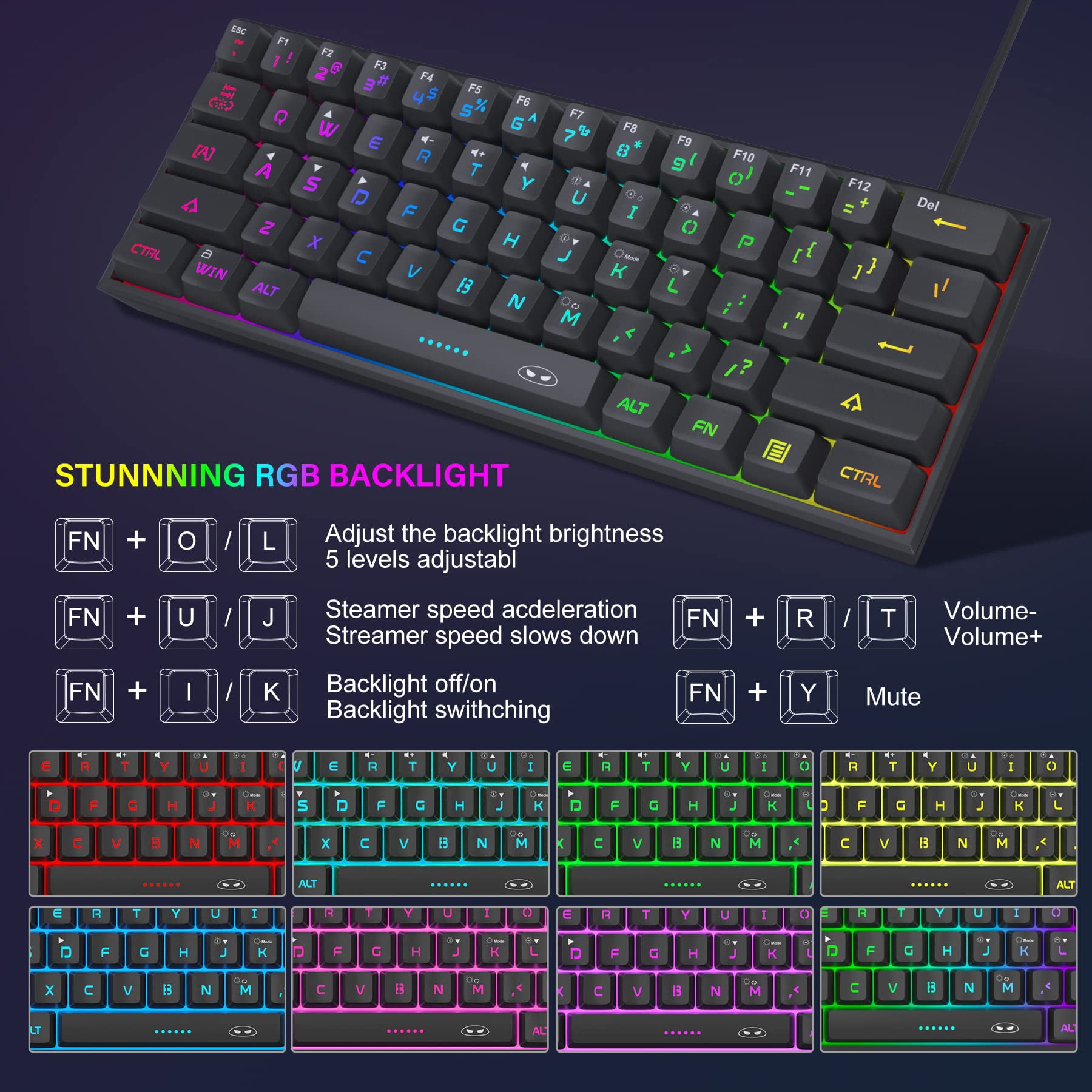 Mini Gaming Keyboard, 60% Percent Keyboard, 61 Keys Mechanical Feel, Compact Rgb Backlit