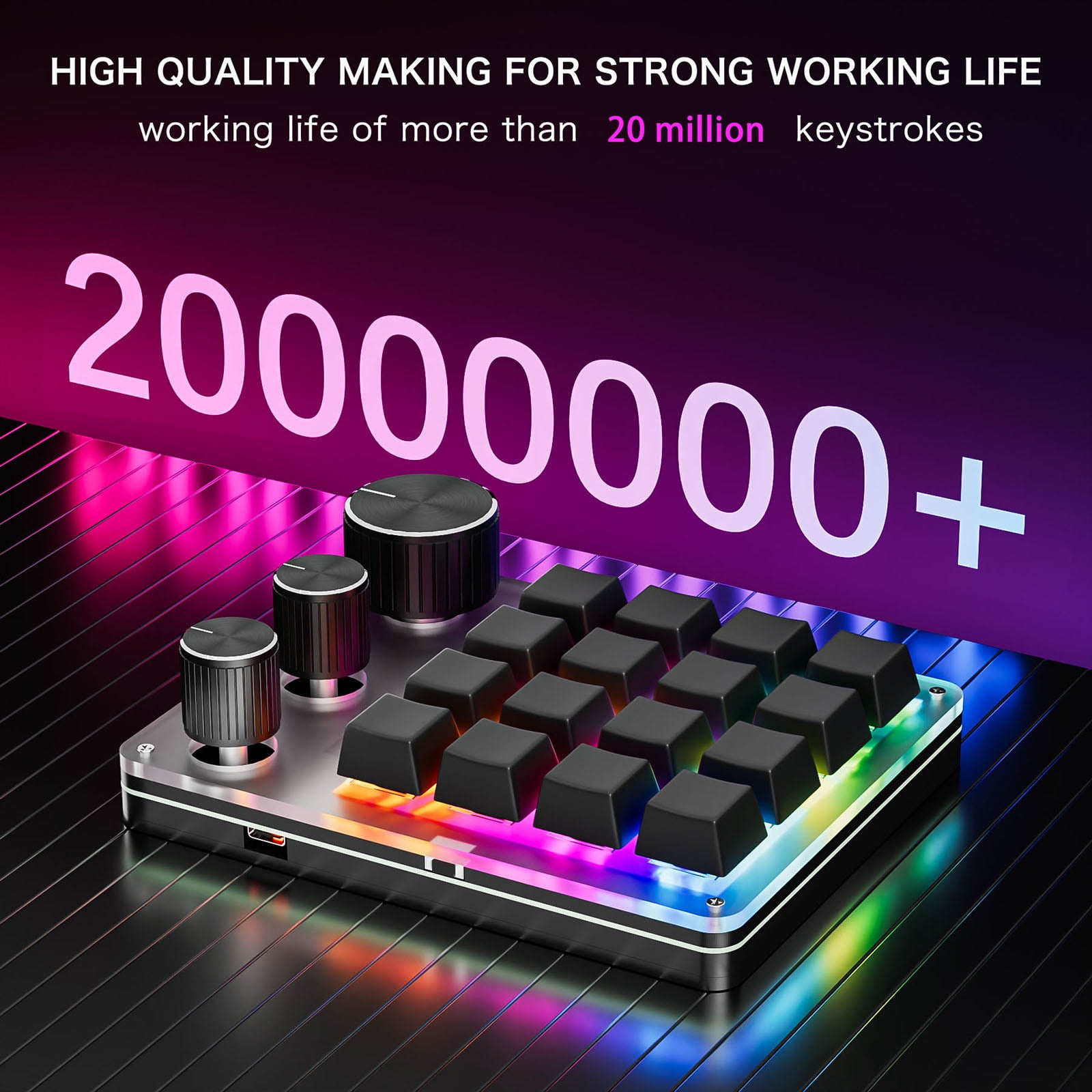 Single Handed USB C Macro Programmable Keypad 16-Key 3 Knobs Mechanical Gaming Keyboard for Versatility