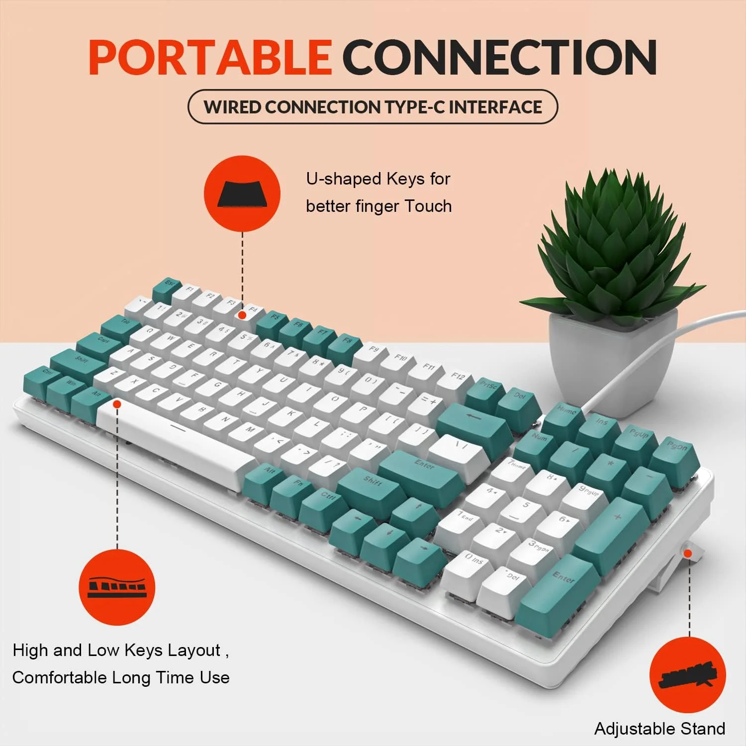 LANG K3 Mechanical Gaming Wired Keyboard,LED Rainbow Backlit 98 Keys Full Anti-ghosting,Ergonomic Durable ABS Mixed Color
