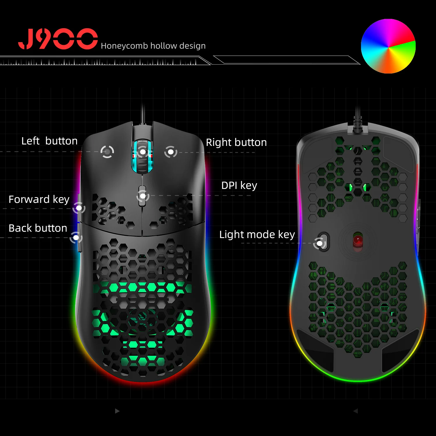Hot sale HXSJ J900 Gaming Mice RGB Luminous lightweight Macro Programming Hollow Ergonomics Wired mouse for Laptop game Office