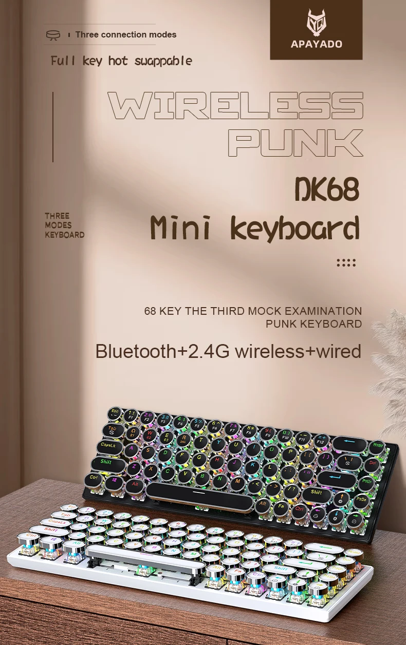 Punk Mechanical Keyboard Wireless APAYADO Dynamic RGB Lighting,68Keys Bluetooth Tri-Mode Connection,Full-key Hot-Swap