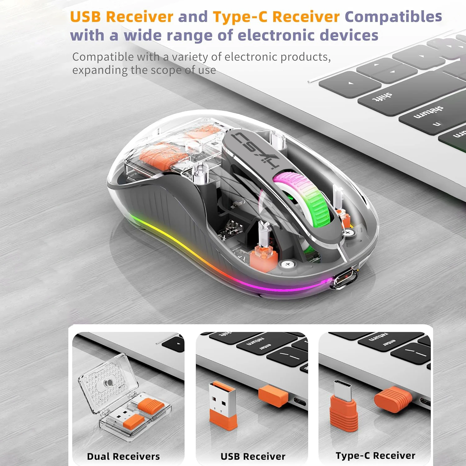 Wireless 3 Modes Transparent Mouse 2.4G USB Type C and Bluetooth Silent RGB Backlight Mice for iPhone iPad Macbook Phone Laptop