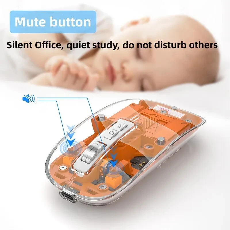 Transparent Office Mouse Bluetooth-Compatible Wireless Mouse with RGB Light Mechanical Mouse Type-C Charging for Desktop Gaming