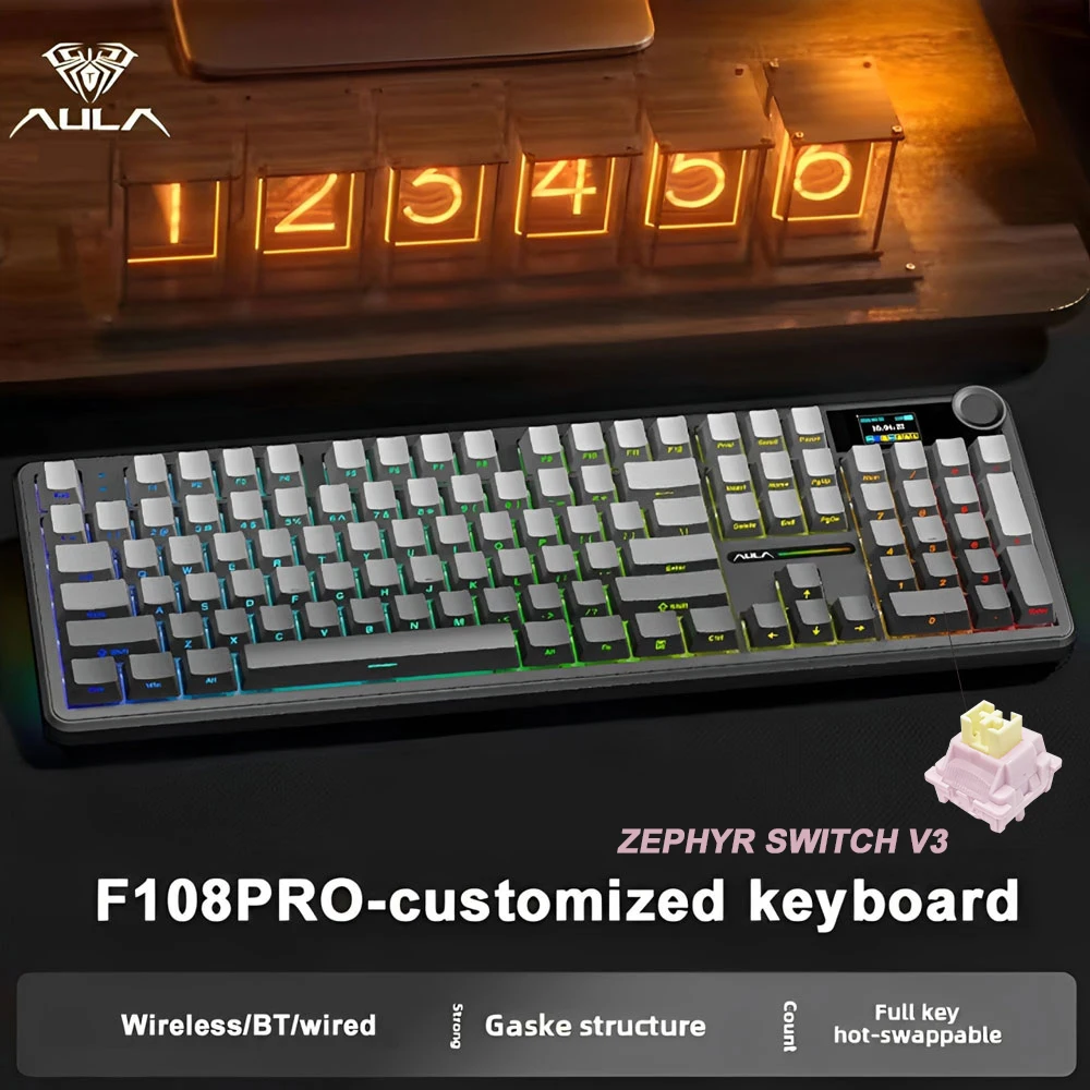 F108 Pro Gaming Mechanical Keyboard Tri Mode Custom Multi-Knob Screen RGB Esports Wireless Keyboard with TFT Smart Display