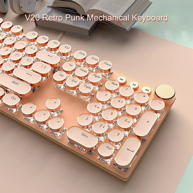S22ebfc0361b24d239e283ad7bfde54675.webp V20 Punk Typewriter Mechanical Gaming Keyboard, 104 Keys Round Keycaps LED White Backlit, Key-wire separation design