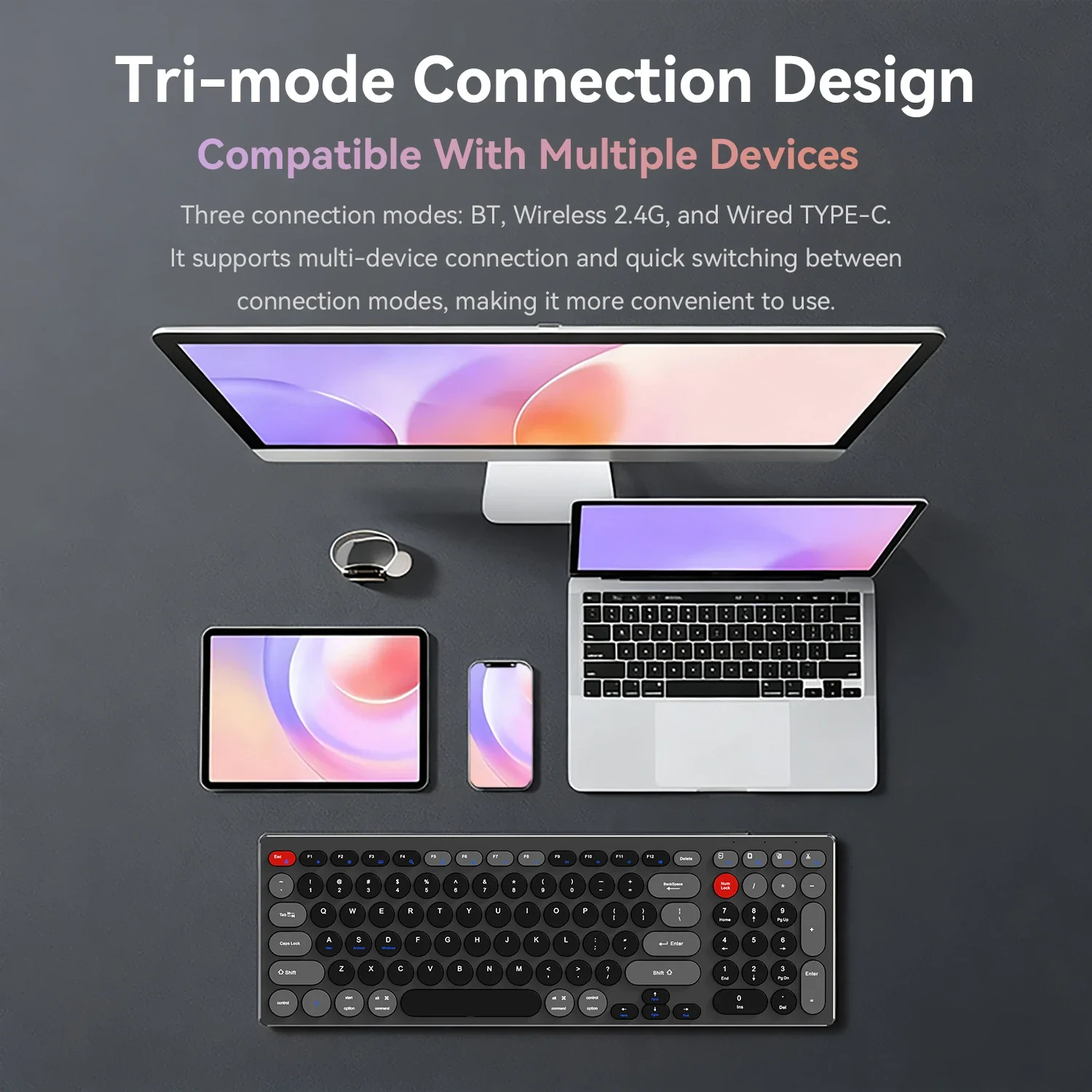 98-Key Ultra-Thin Aluminum Silent Keyboard with Scissor-Switch, Tri-Mode BT/2.4G/Type-C Connectivity&Ergonomic Design for Typing