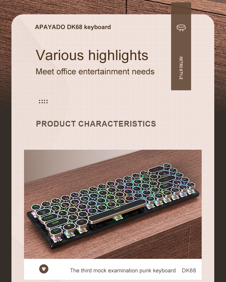 Punk Mechanical Keyboard Wireless APAYADO Dynamic RGB Lighting,68Keys Bluetooth Tri-Mode Connection,Full-key Hot-Swap