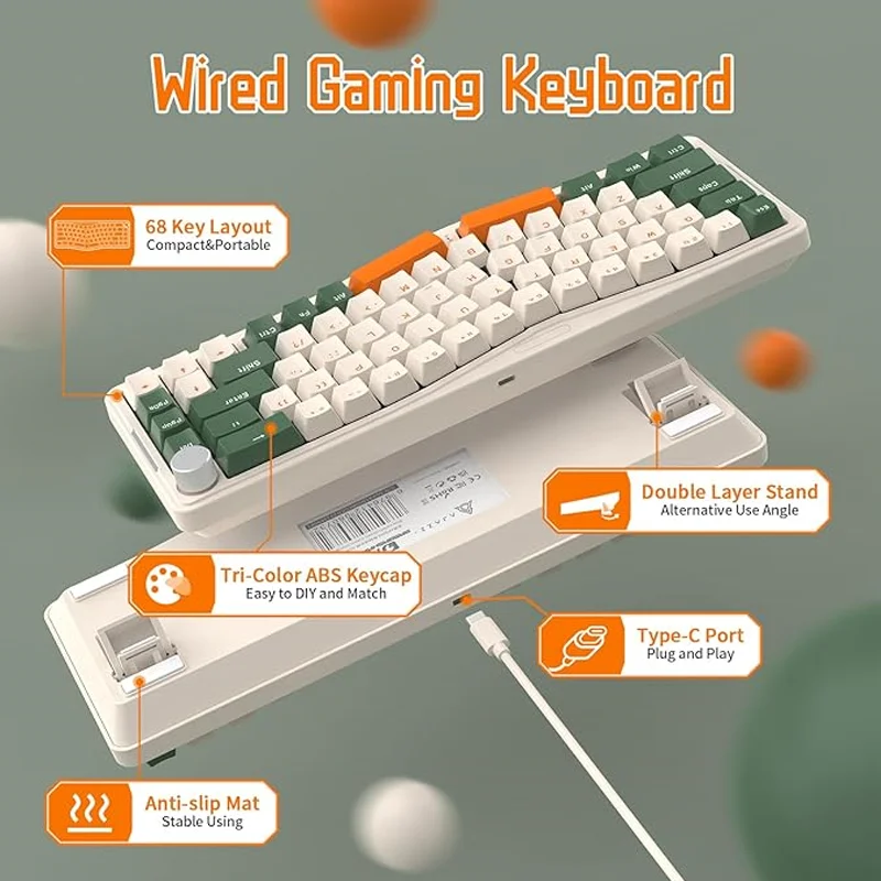 AKS068 Alice Layout Wired Mechanical Keyboard, Gasket Mount 68 Keys Ergonomic 60% Gaming Keyboard USB-C,  Hot-S