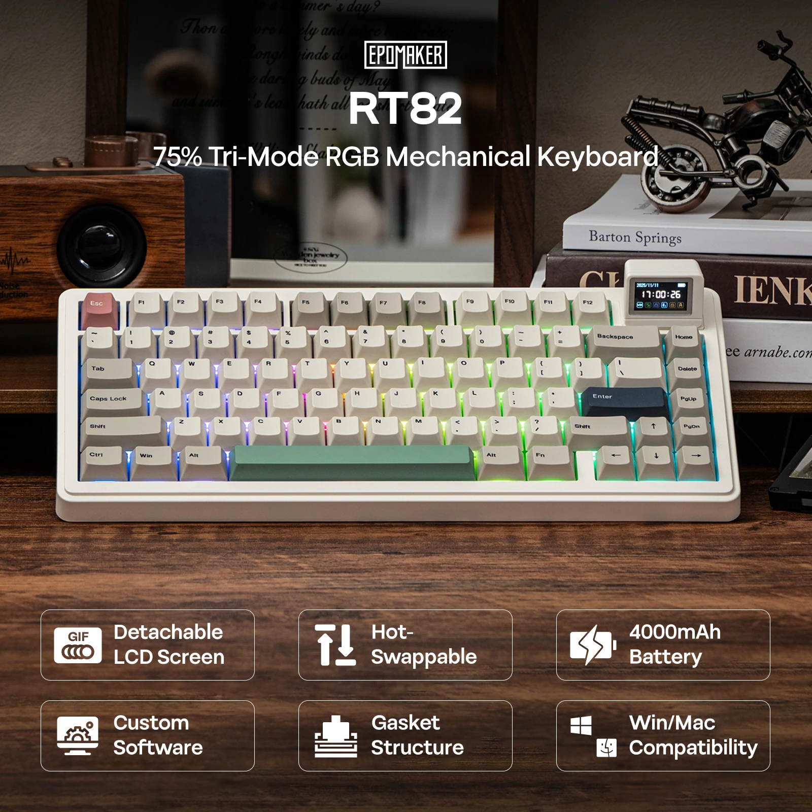RT82 QMK/VIA 75% US QWERTY Layout Hot-Swap Gasket Wired/BT 5.0/2.4GHz Wireless Mechanical Keyboard with LCD Screen