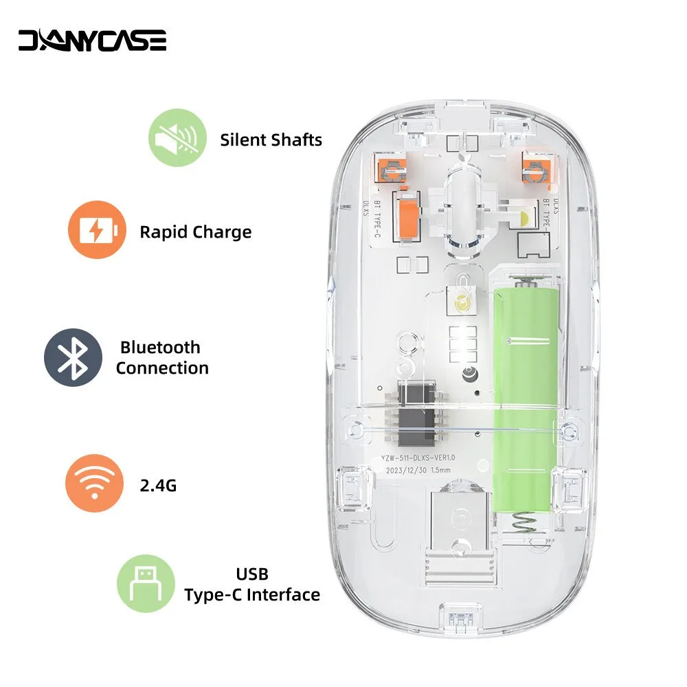 Transparent Wireless Mouse Bluetooth 2.4Ghz Receiver Optical Lightweight Design Mice for PC Laptop Windows Mac Linux