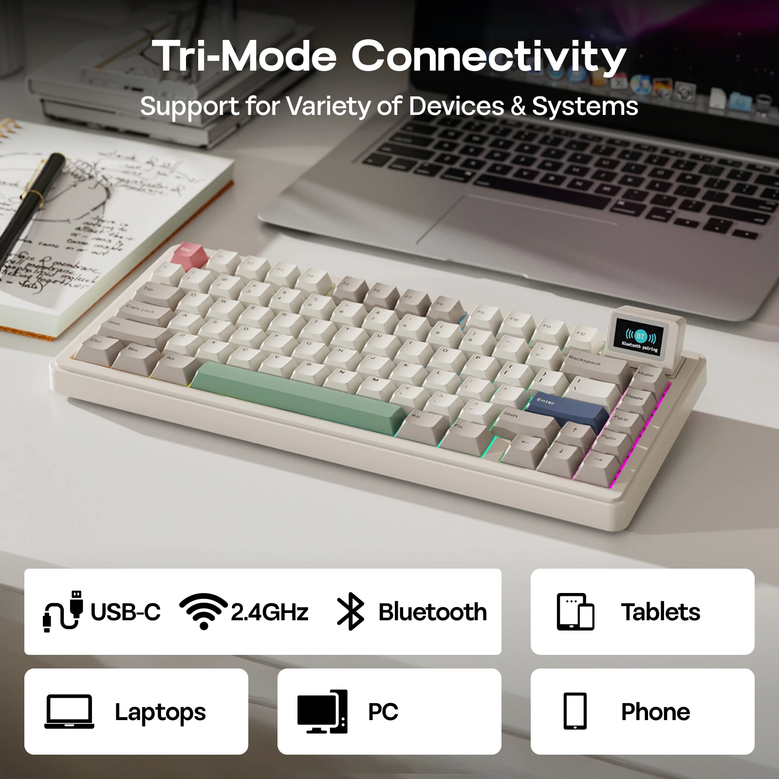RT82 QMK/VIA 75% US QWERTY Layout Hot-Swap Gasket Wired/BT 5.0/2.4GHz Wireless Mechanical Keyboard with LCD Screen