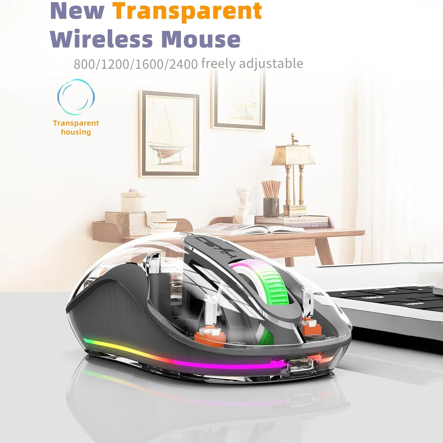 Wireless 3 Modes Transparent Mouse 2.4G USB Type C and Bluetooth Silent RGB Backlight Mice for iPhone iPad Macbook Phone Laptop