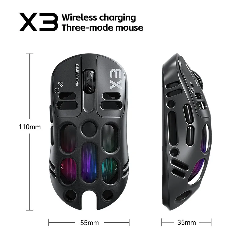 X3 Wireless Mouse PAW3311 Lightweight Hollow 1K Macros Gaming Mouse RGB Backlight 12000DPI Bluetooth/2.4G/Wired Tri-Mode Mouse