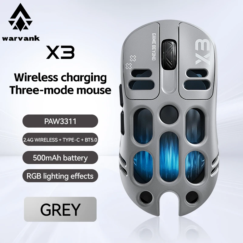 S8d8474a157da4779b219acc593179890s.webp X3 Wireless Mouse PAW3311 Lightweight Hollow 1K Macros Gaming Mouse RGB Backlight 12000DPI Bluetooth/2.4G/Wired Tri-Mode Mouse