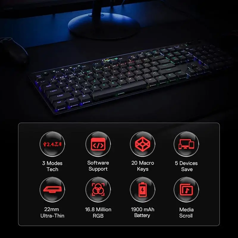 K618 Horus Wireless RGB Mechanical Keyboard, Bluetooth/2.4Ghz/Wired Tri-Mode Low Profile Gaming Keyboards