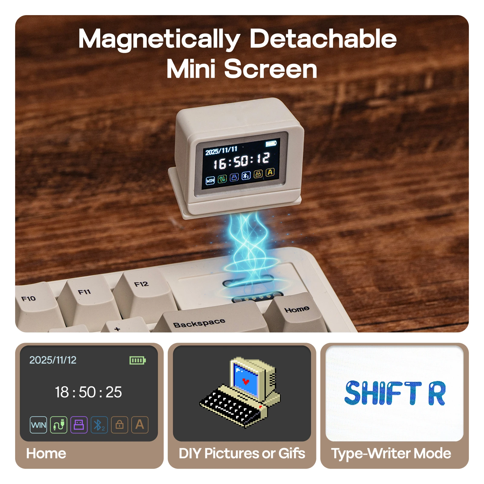 RT82 QMK/VIA 75% US QWERTY Layout Hot-Swap Gasket Wired/BT 5.0/2.4GHz Wireless Mechanical Keyboard with LCD Screen