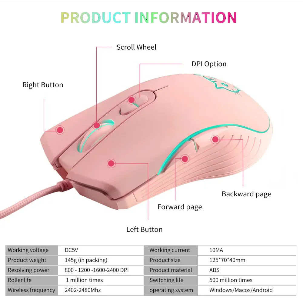Wired USB Gaming Mouse Pink Computer Professional E-sports Mause 2400 DPI Colorful Backlit Silent Mice for Laptop Pc Mac