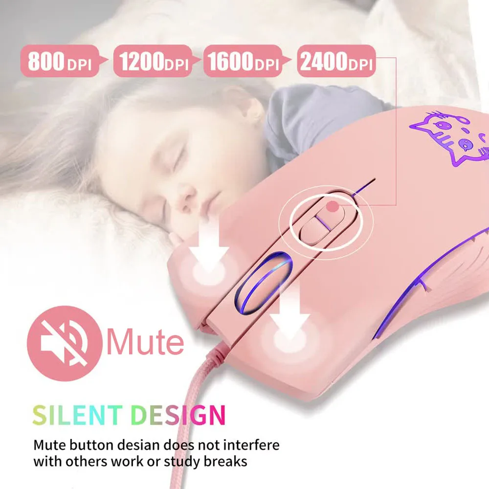 Wired USB Gaming Mouse Pink Computer Professional E-sports Mause 2400 DPI Colorful Backlit Silent Mice for Laptop Pc Mac