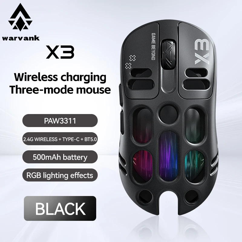 Sae09de8c897448e0aebf40c9a4db2ffea.webp X3 Wireless Mouse PAW3311 Lightweight Hollow 1K Macros Gaming Mouse RGB Backlight 12000DPI Bluetooth/2.4G/Wired Tri-Mode Mouse