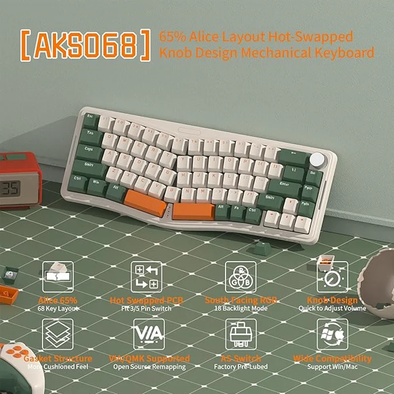 AKS068 Alice Layout Wired Mechanical Keyboard, Gasket Mount 68 Keys Ergonomic 60% Gaming Keyboard USB-C,  Hot-S