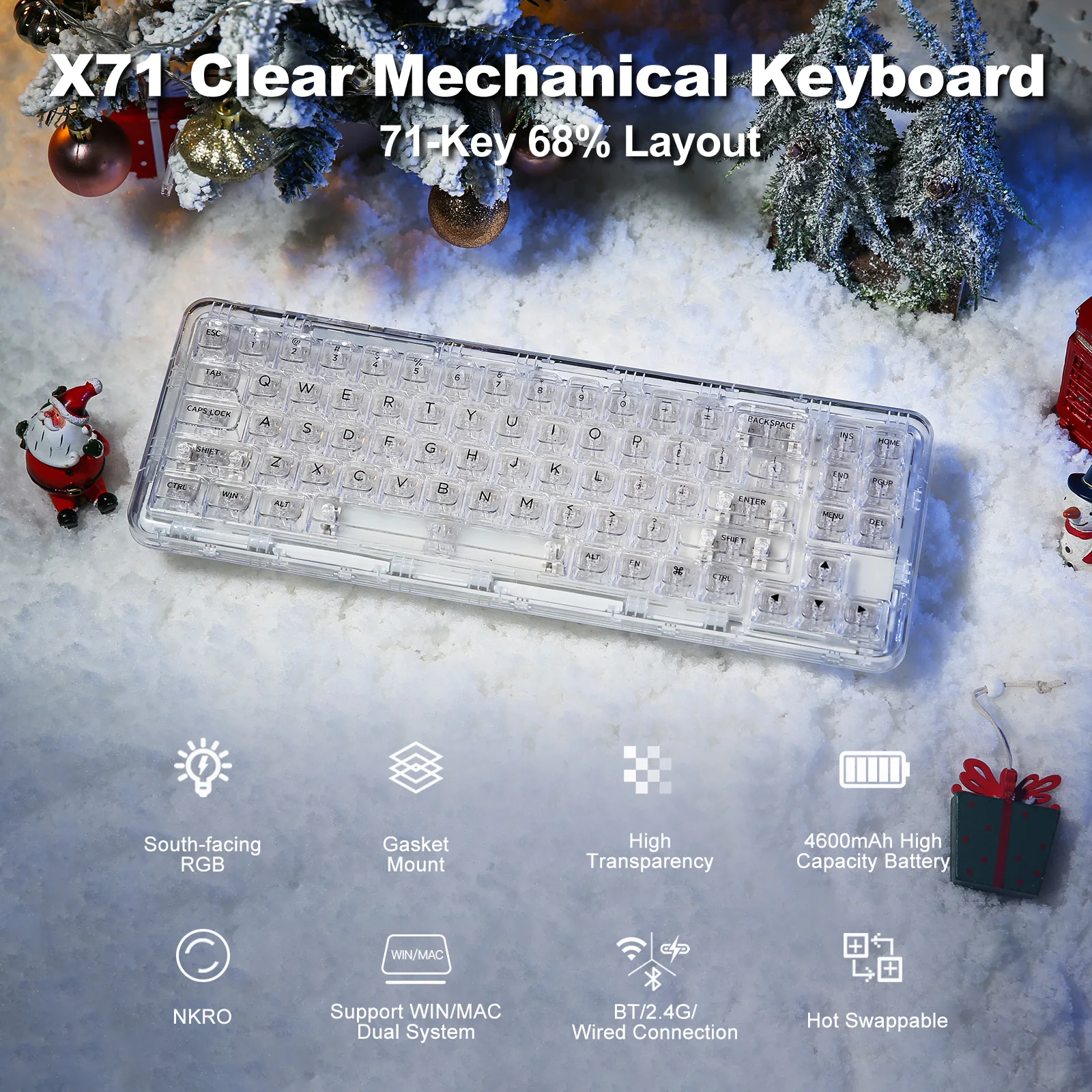 X71 68% Layout Wireless BT/2.4G/USB-C Gasket Hot-Swap Transparent RGB Mechanical Gaming Keyboard with Clear Keycaps