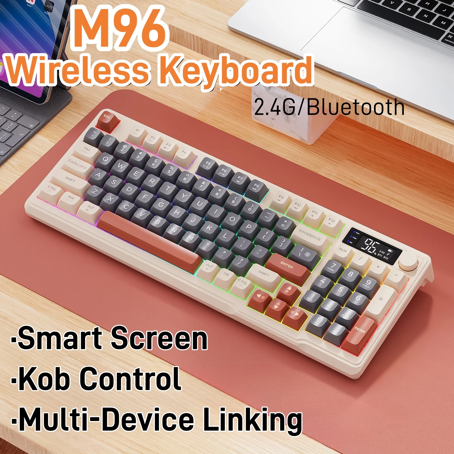 M96 Wireless Keyboard with Screen,Gaming Keyboard Bluetooth Dual-Mode Connection,Multi-Device Linking,Ergonomic