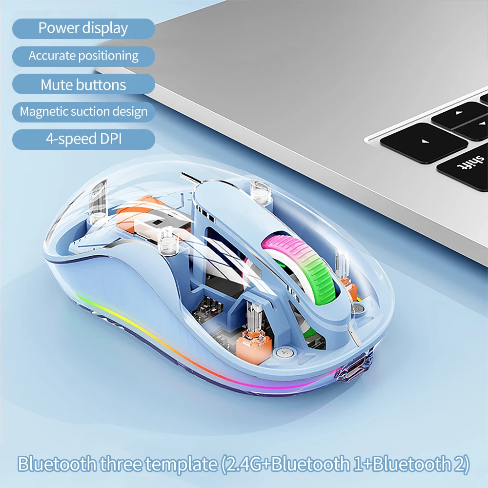 Sc3f8e6e6ea1145c2935b3d5034939908i.webp New Style Fully Transparent Mouse Bluetooth Wireless Tri-mode Mute Led Lamp Type-C 2400dpi Mouse Tablet Notebook Office Mouse