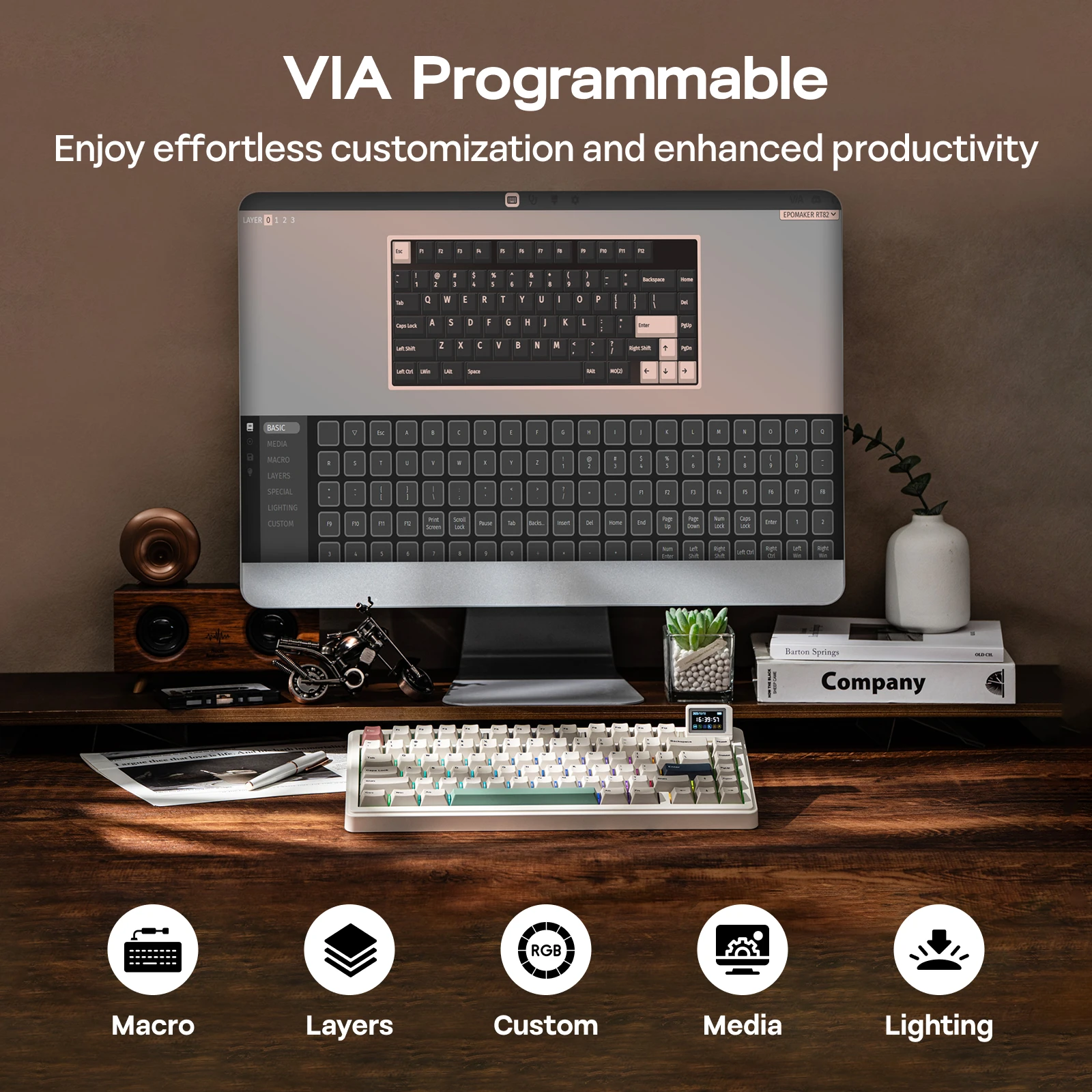 RT82 QMK/VIA 75% US QWERTY Layout Hot-Swap Gasket Wired/BT 5.0/2.4GHz Wireless Mechanical Keyboard with LCD Screen