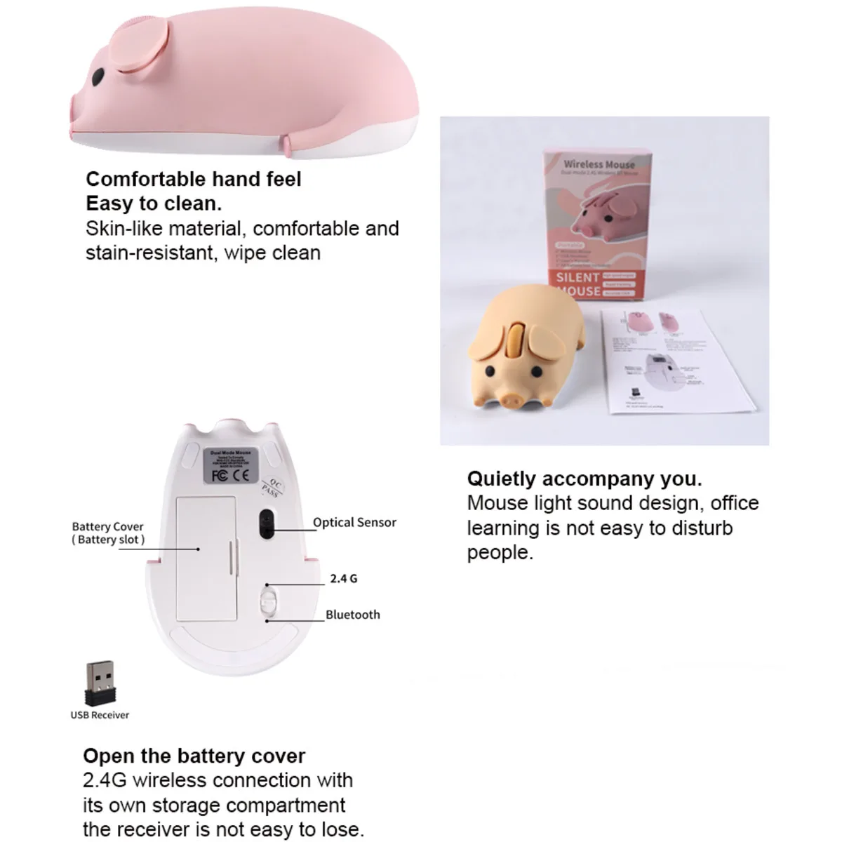 2.4G+ Bluetooth Dual-mode Cute Piggy Design Shape Mouse Optical Ergonomic Silent Mice Laptop Desktop PC Universal For Kid Gifts