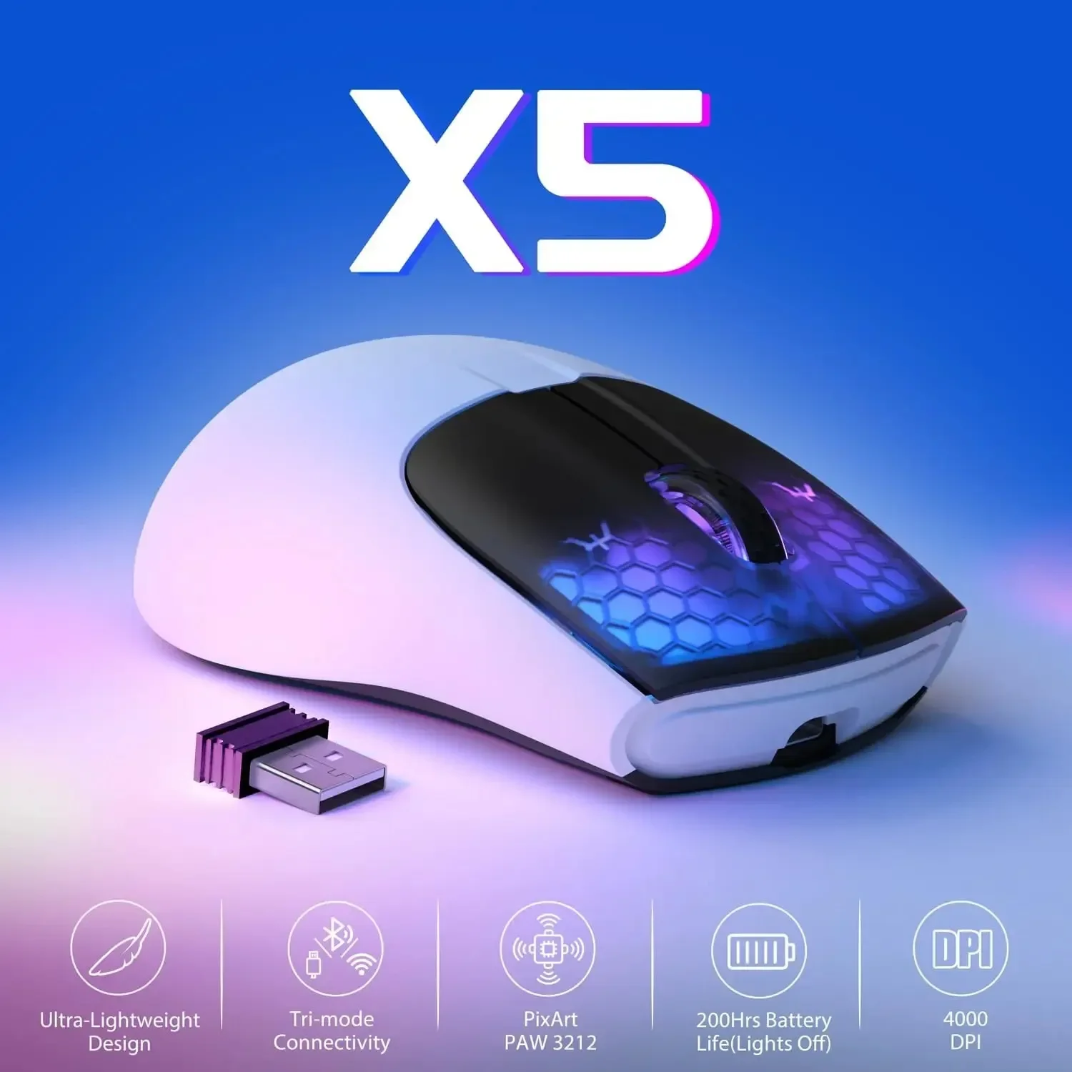 X5 Wreless Gaming Mouse,Bluetooth Tri-mode,49g,PixArt Optical Sensor for PC/MAC/Wins