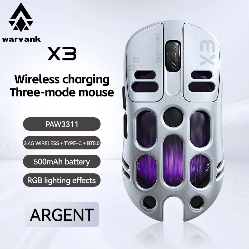 Sdaca6e5537db44c1b653f04a639016ccO.webp X3 Wireless Mouse PAW3311 Lightweight Hollow 1K Macros Gaming Mouse RGB Backlight 12000DPI Bluetooth/2.4G/Wired Tri-Mode Mouse